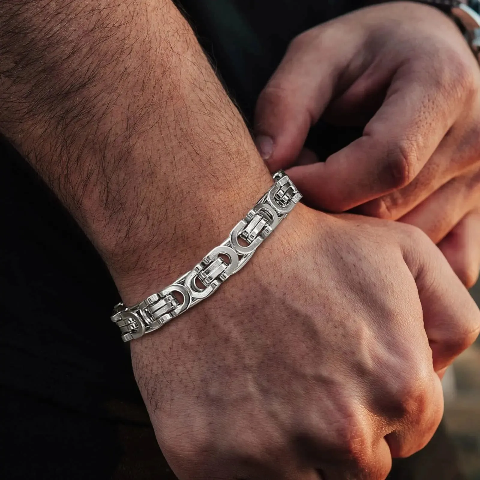 Flat Byzantine Bracelets for Men, Waterproof Stainless Steel Chain Link Wristband