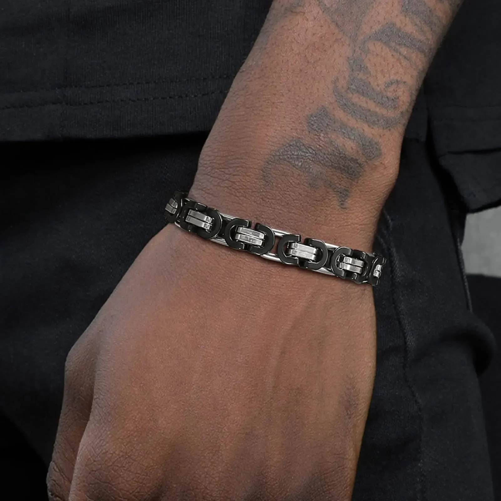 Flat Byzantine Bracelets for Men, Waterproof Stainless Steel Chain Link Wristband