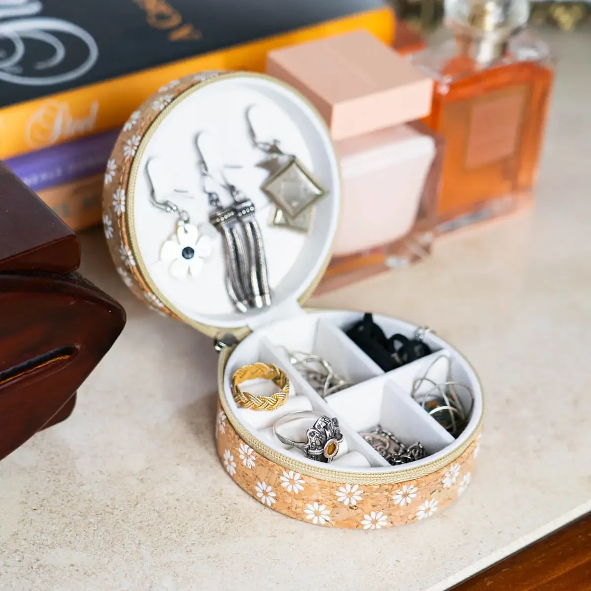 Flowers Natural Cork Round Jewelry Box