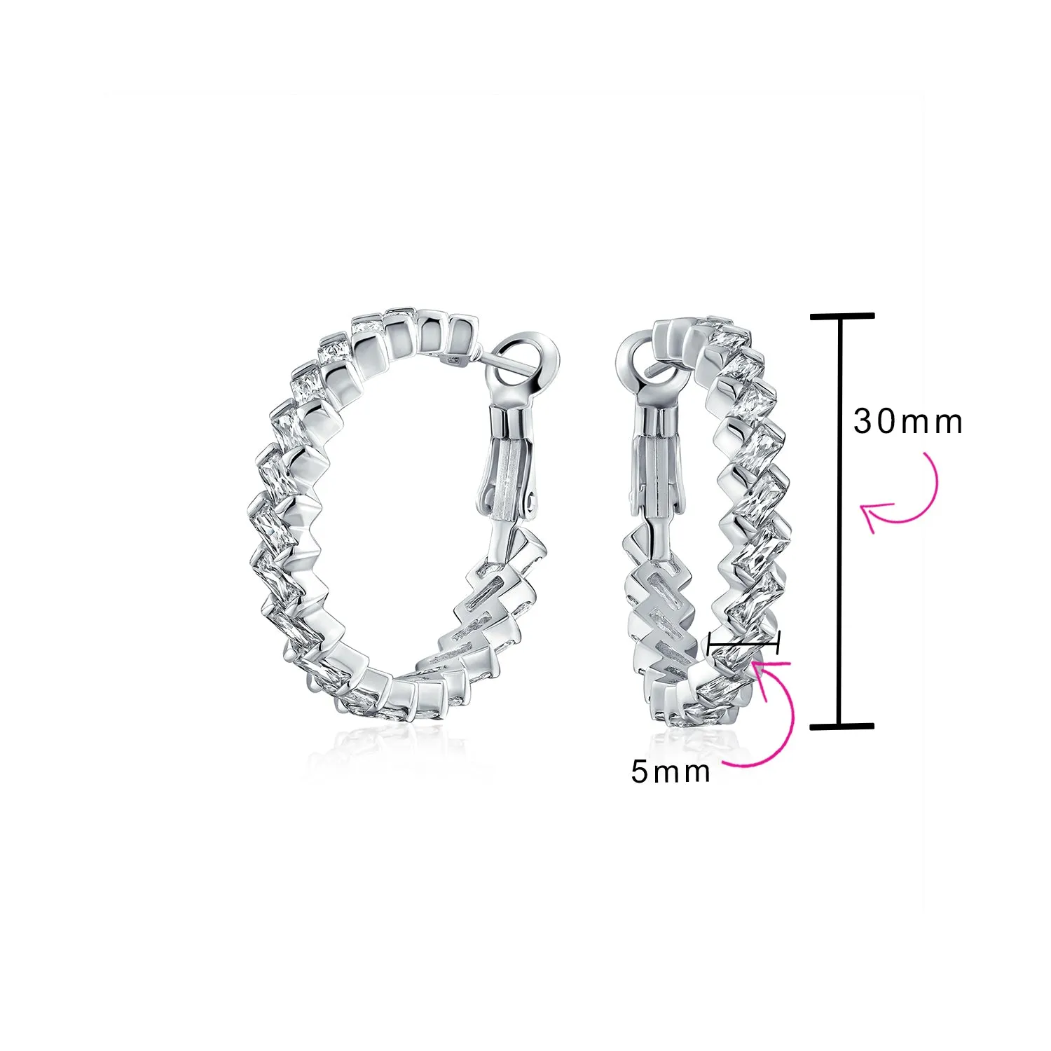 Geometric Modern Bride CZ Large Hoop Earrings Silver Plated Lever Back 1.2 Inch