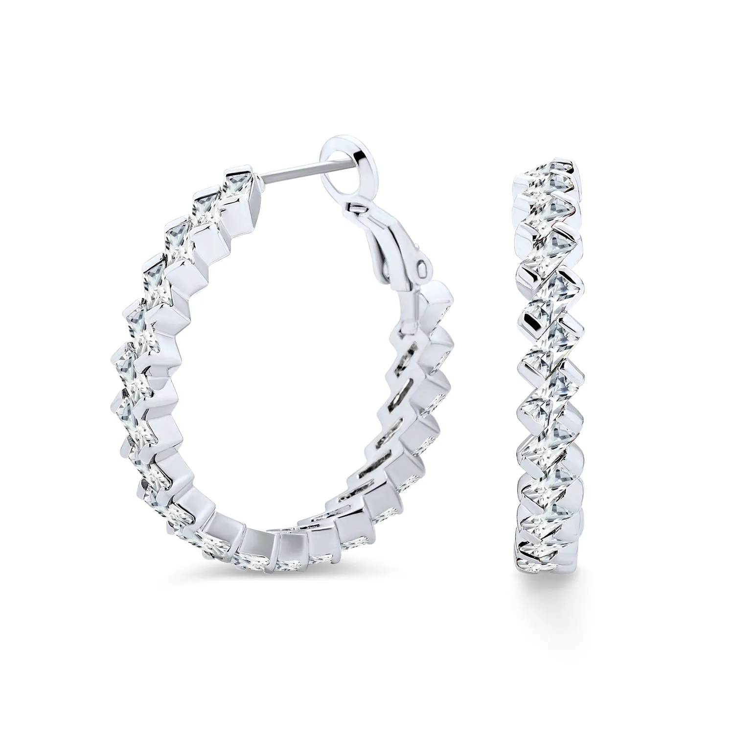 Geometric Modern Bride CZ Large Hoop Earrings Silver Plated Lever Back 1.2 Inch