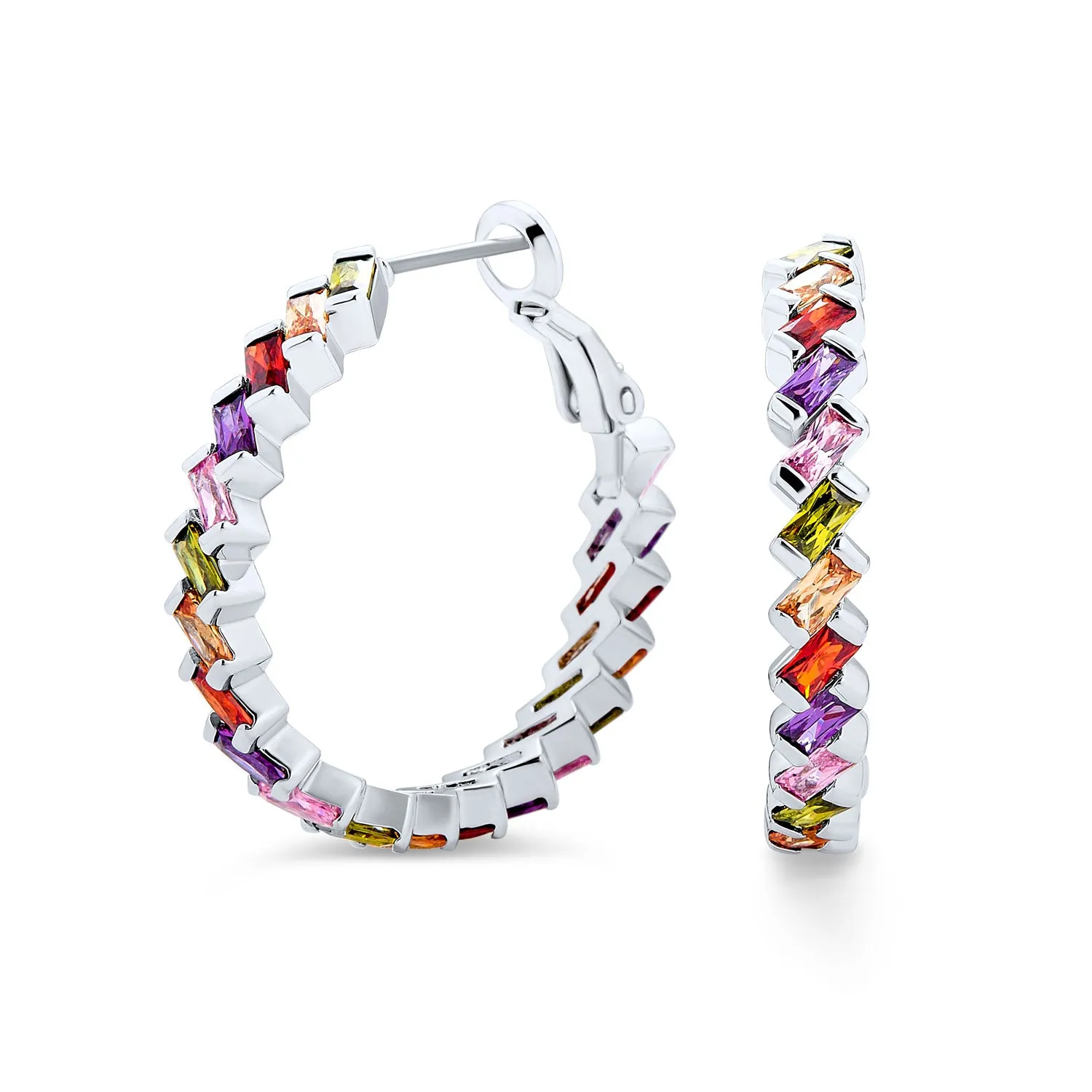 Geometric Modern Bride CZ Large Hoop Earrings Silver Plated Lever Back 1.2 Inch