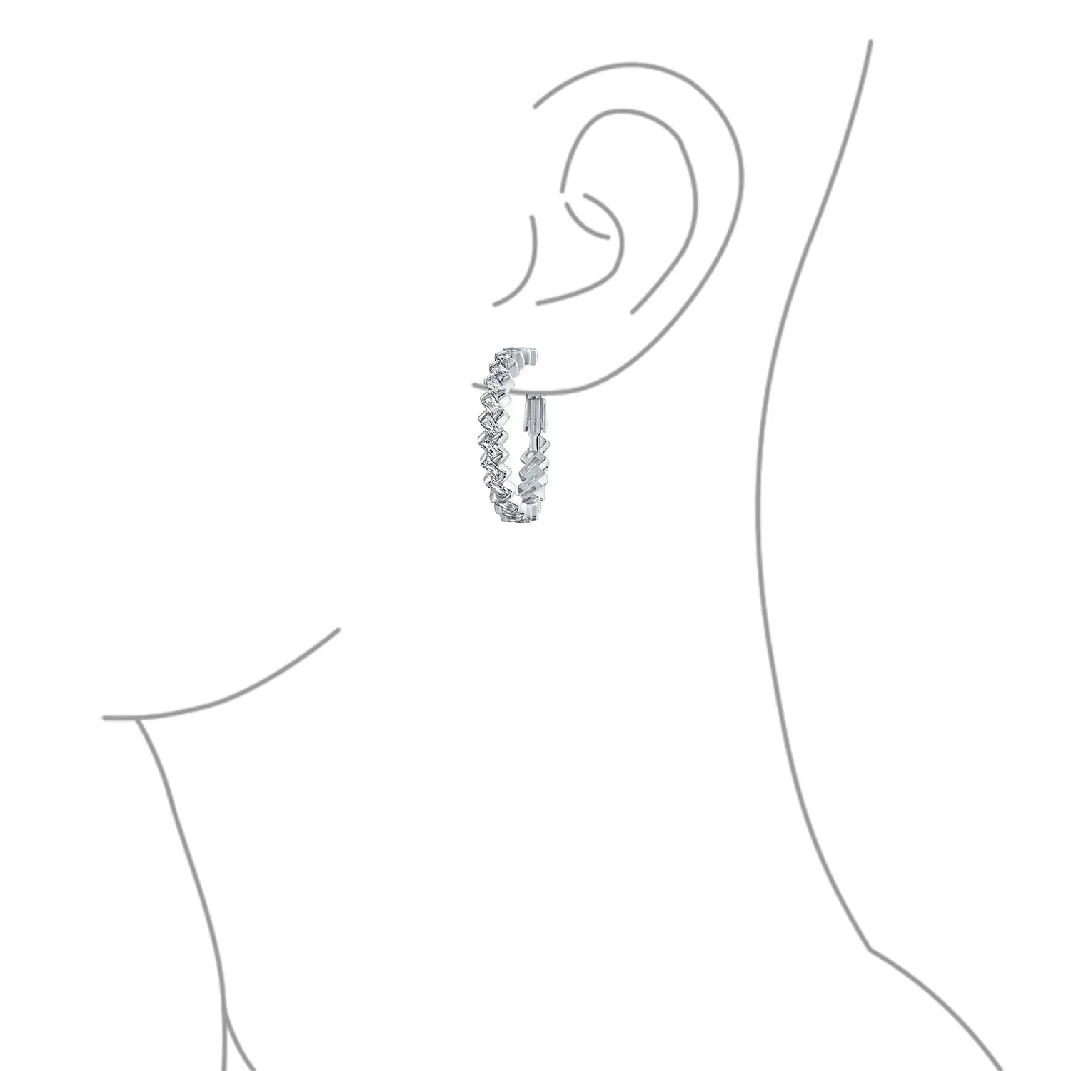 Geometric Modern Bride CZ Large Hoop Earrings Silver Plated Lever Back 1.2 Inch