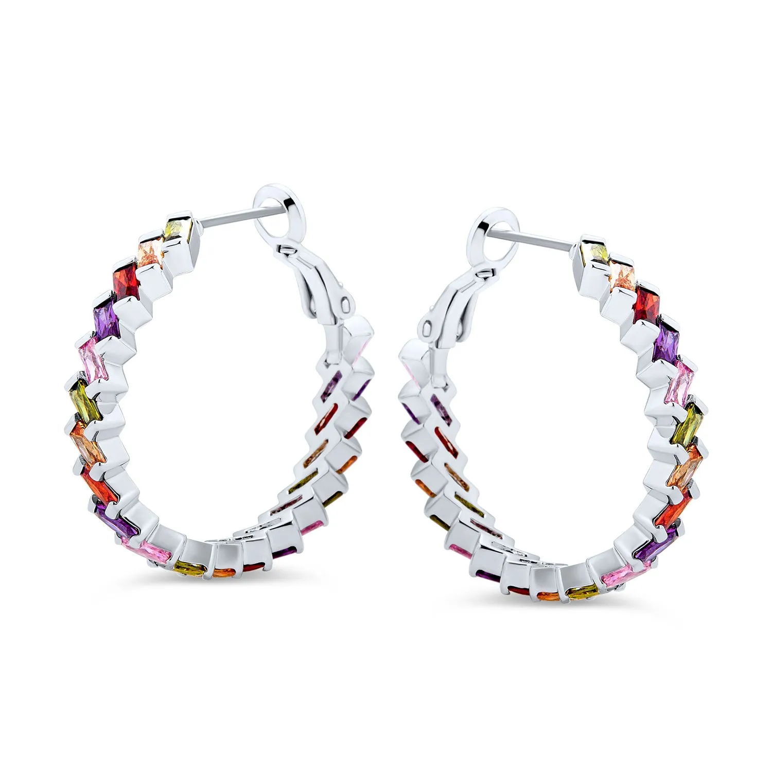 Geometric Modern Bride CZ Large Hoop Earrings Silver Plated Lever Back 1.2 Inch