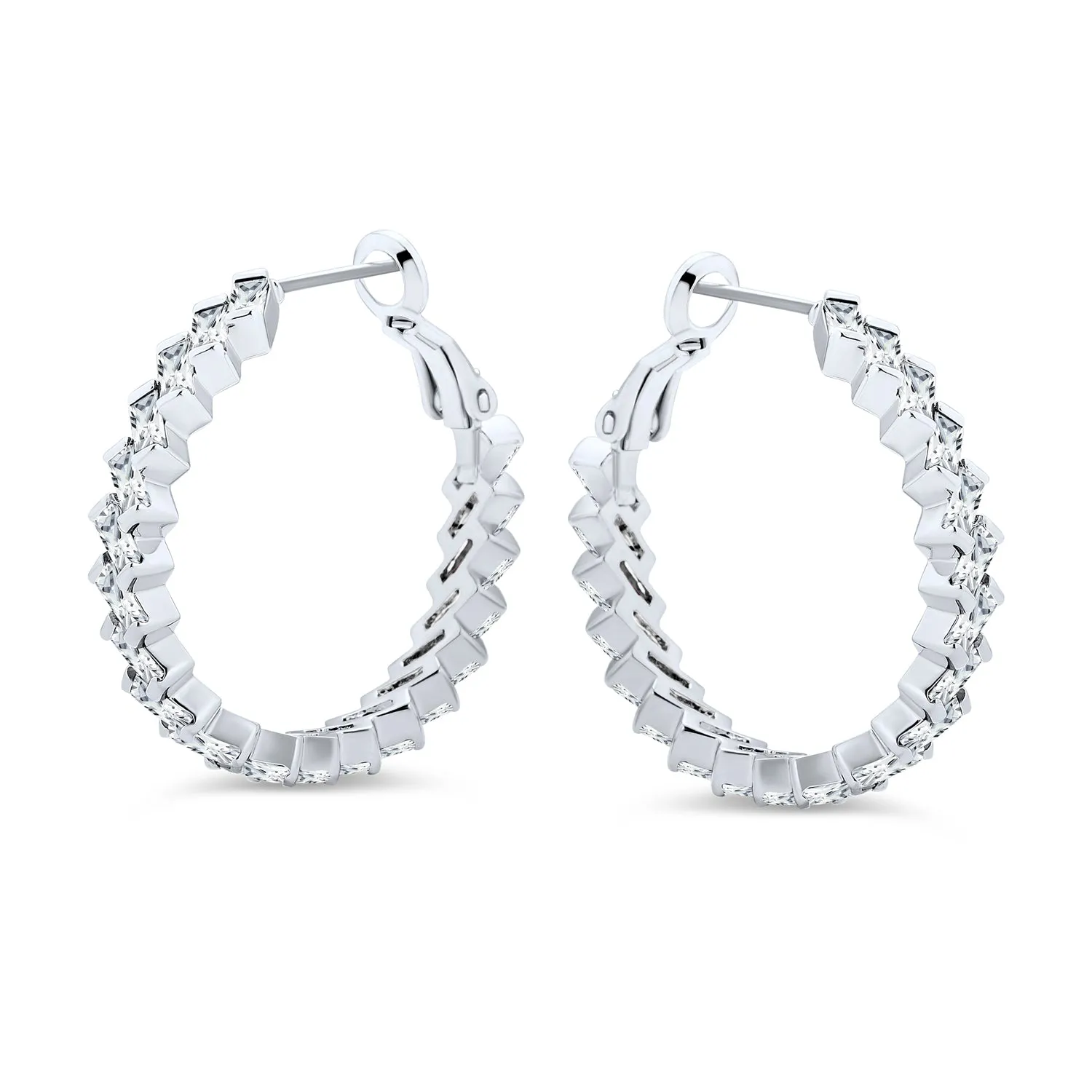 Geometric Modern Bride CZ Large Hoop Earrings Silver Plated Lever Back 1.2 Inch
