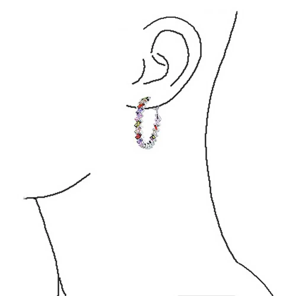 Geometric Modern Bride CZ Large Hoop Earrings Silver Plated Lever Back 1.2 Inch