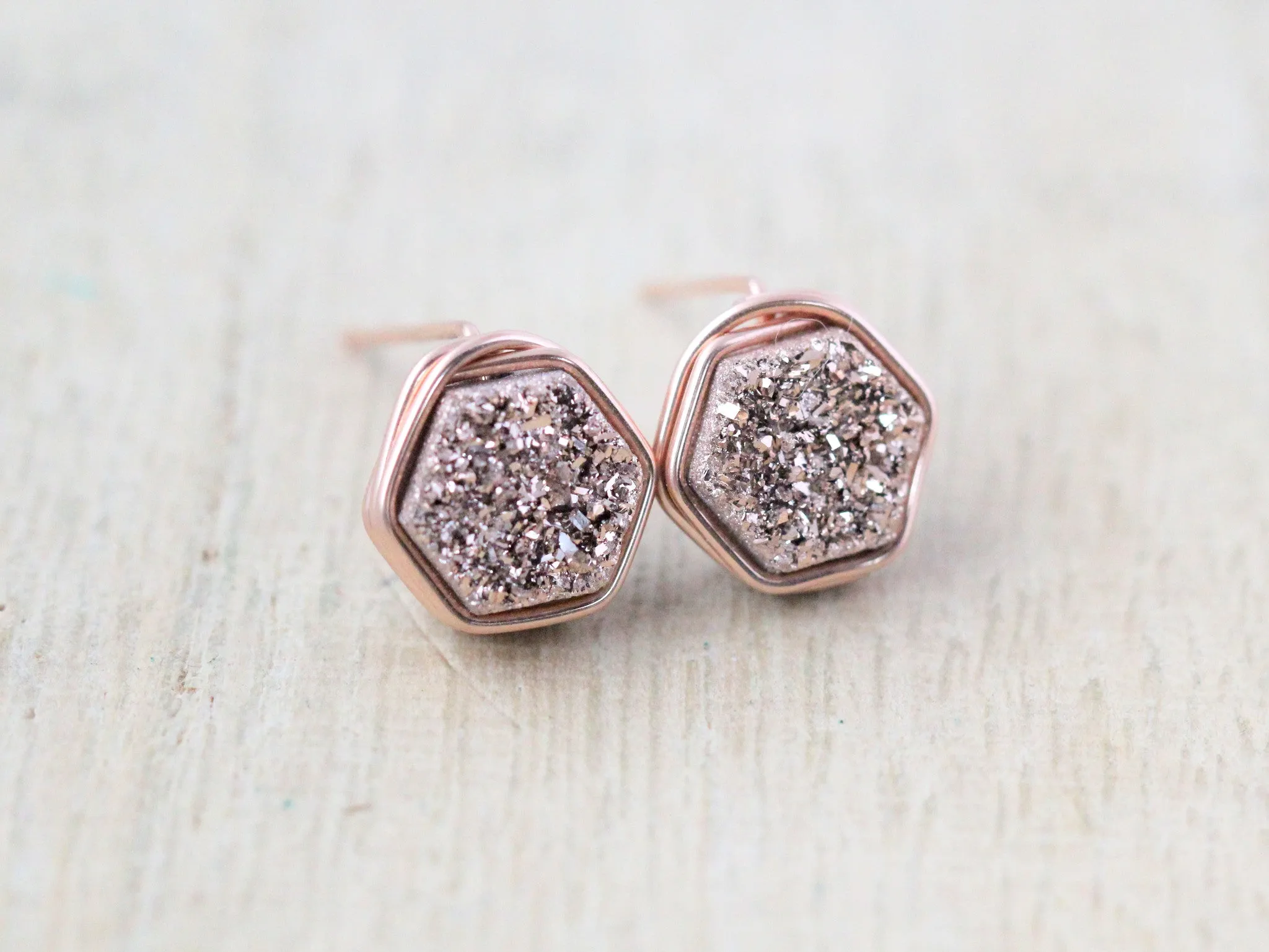 Gilded Hexagon Druzy Studs - Rose Gold