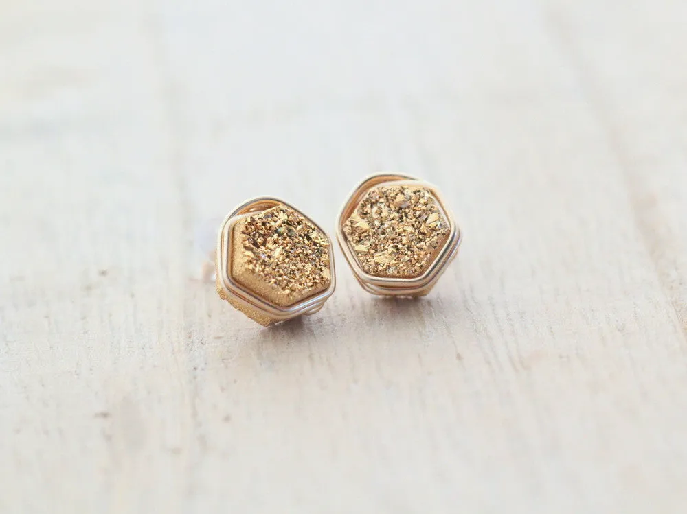 Gilded Hexagon Druzy Studs