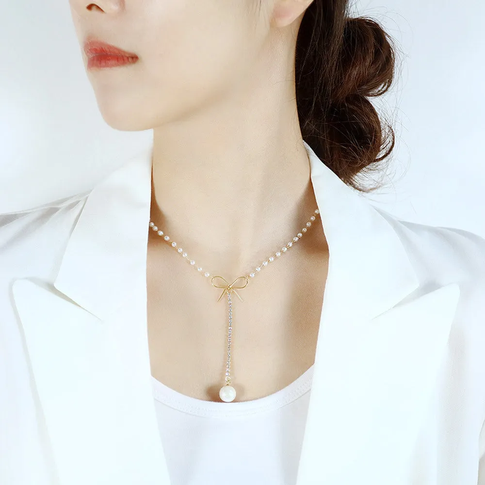 Girl's Heart Bow Necklace with Pearl Pendant Choker Necklace