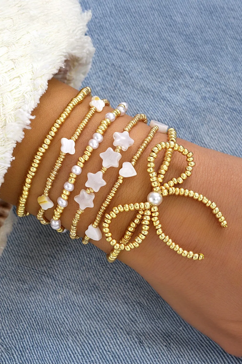 Gold Bow Stretch Beaded Bracelet Set