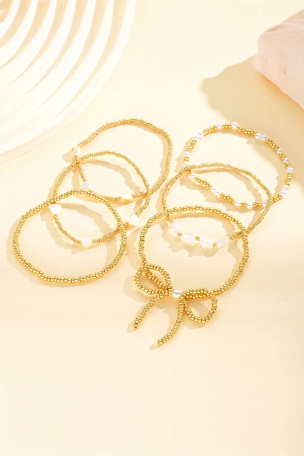 Gold Bow Stretch Beaded Bracelet Set