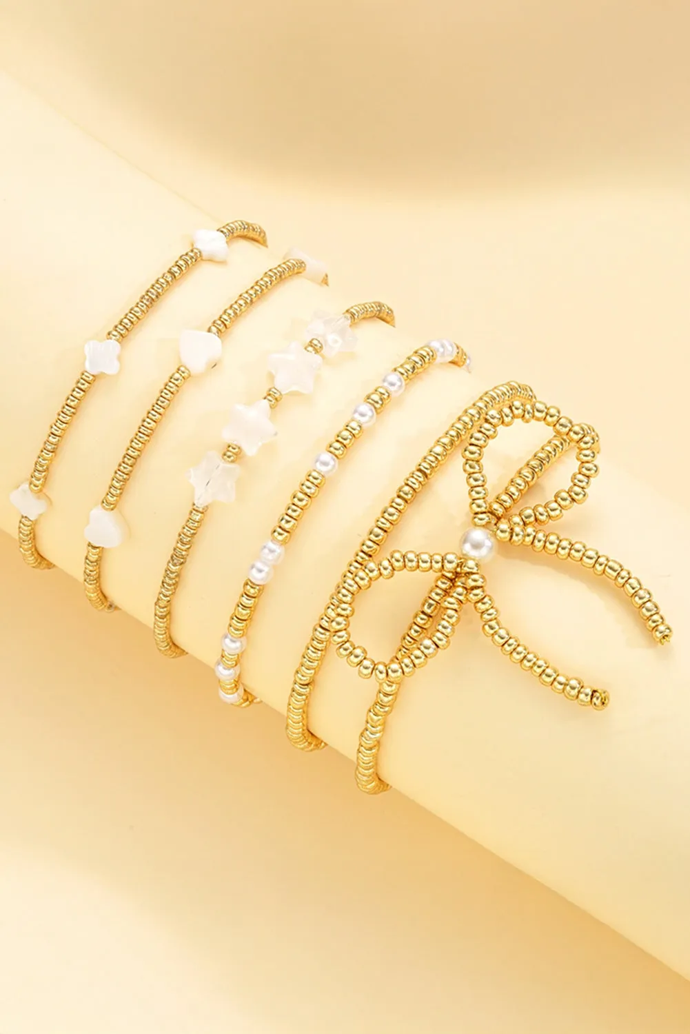 Gold Bow Stretch Beaded Bracelet Set