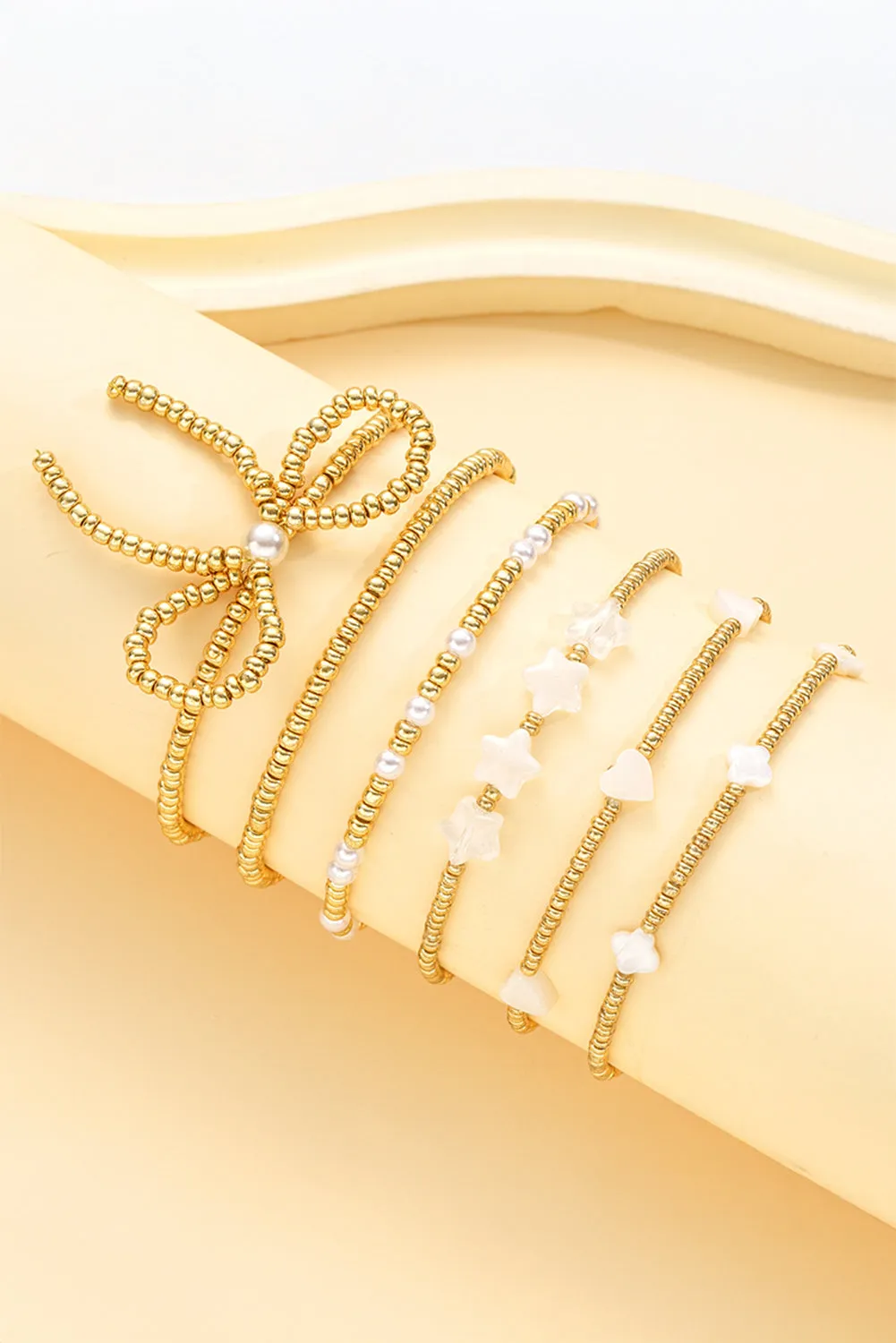 Gold Bow Stretch Beaded Bracelet Set