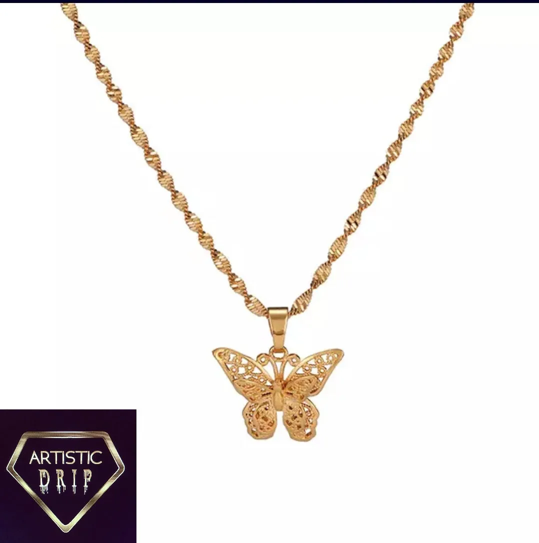 Gold Butterfly Pendant W/ Water Wave Chain