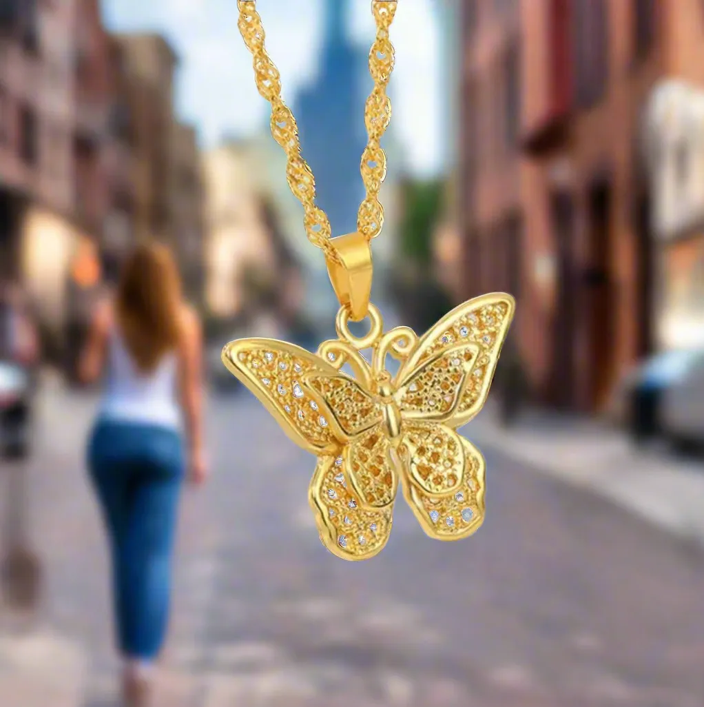 Gold Butterfly Pendant W/ Water Wave Chain