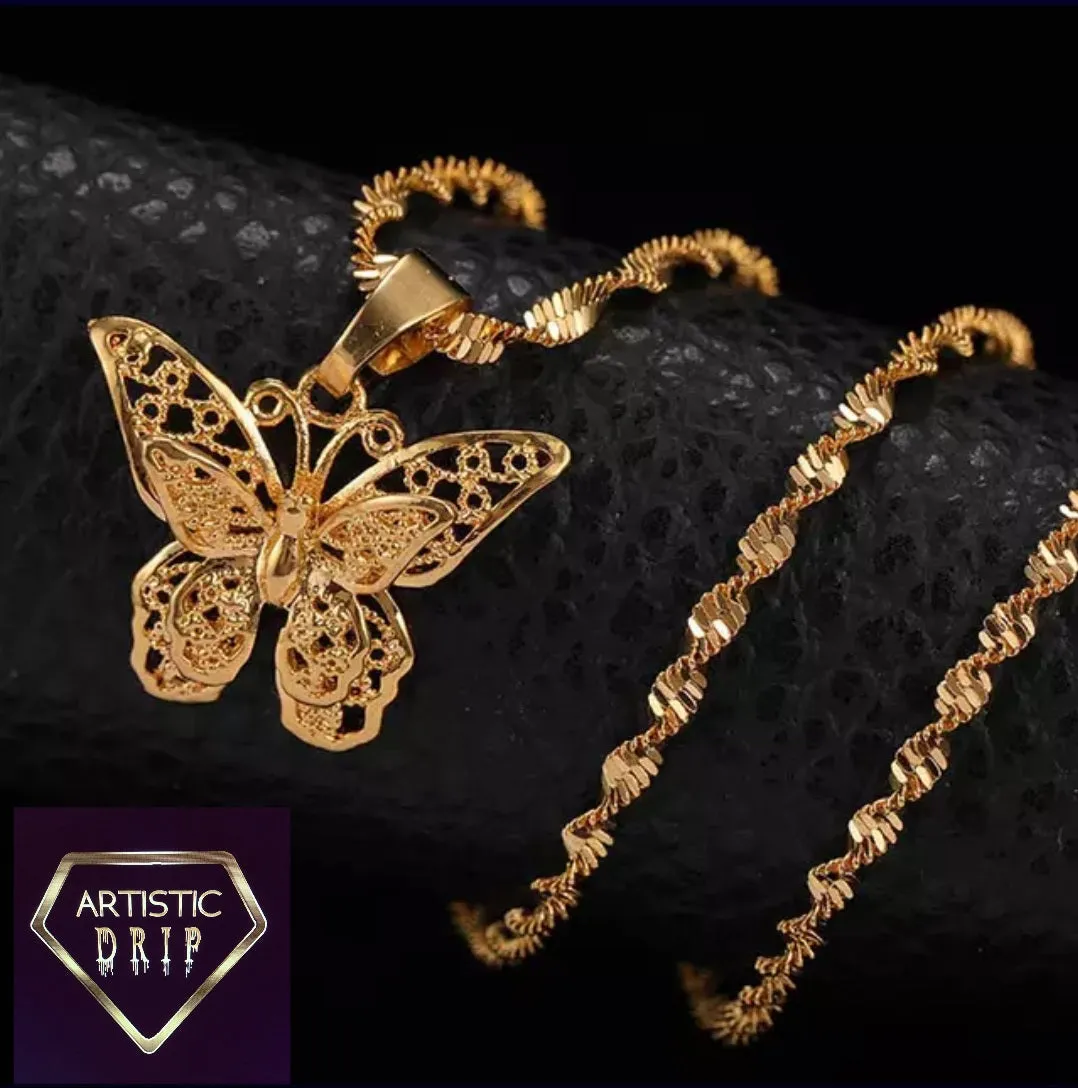 Gold Butterfly Pendant W/ Water Wave Chain