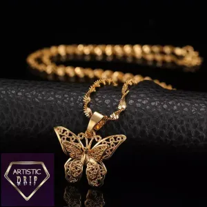 Gold Butterfly Pendant W/ Water Wave Chain