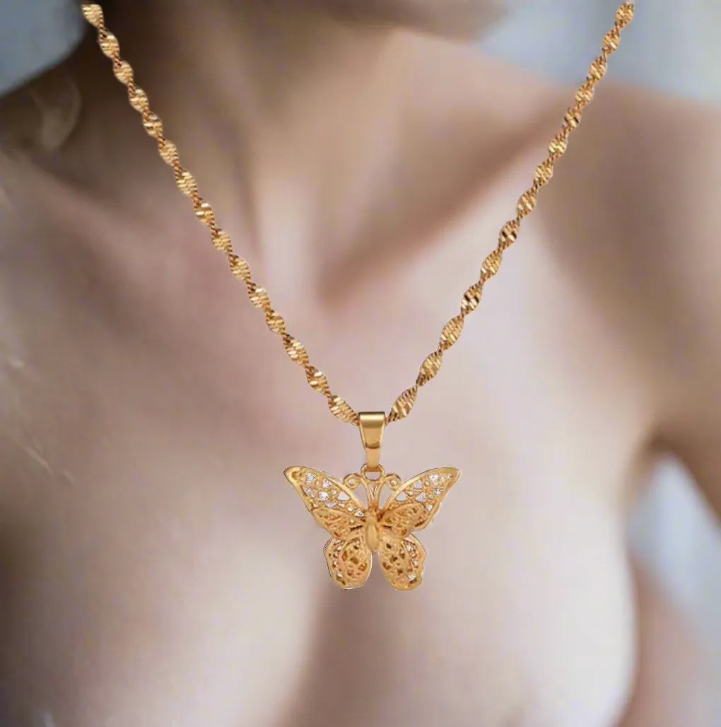 Gold Butterfly Pendant W/ Water Wave Chain