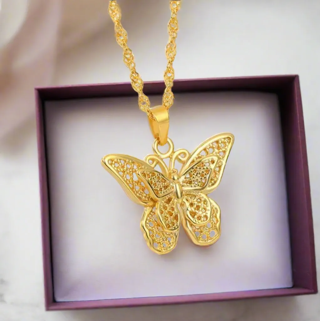 Gold Butterfly Pendant W/ Water Wave Chain