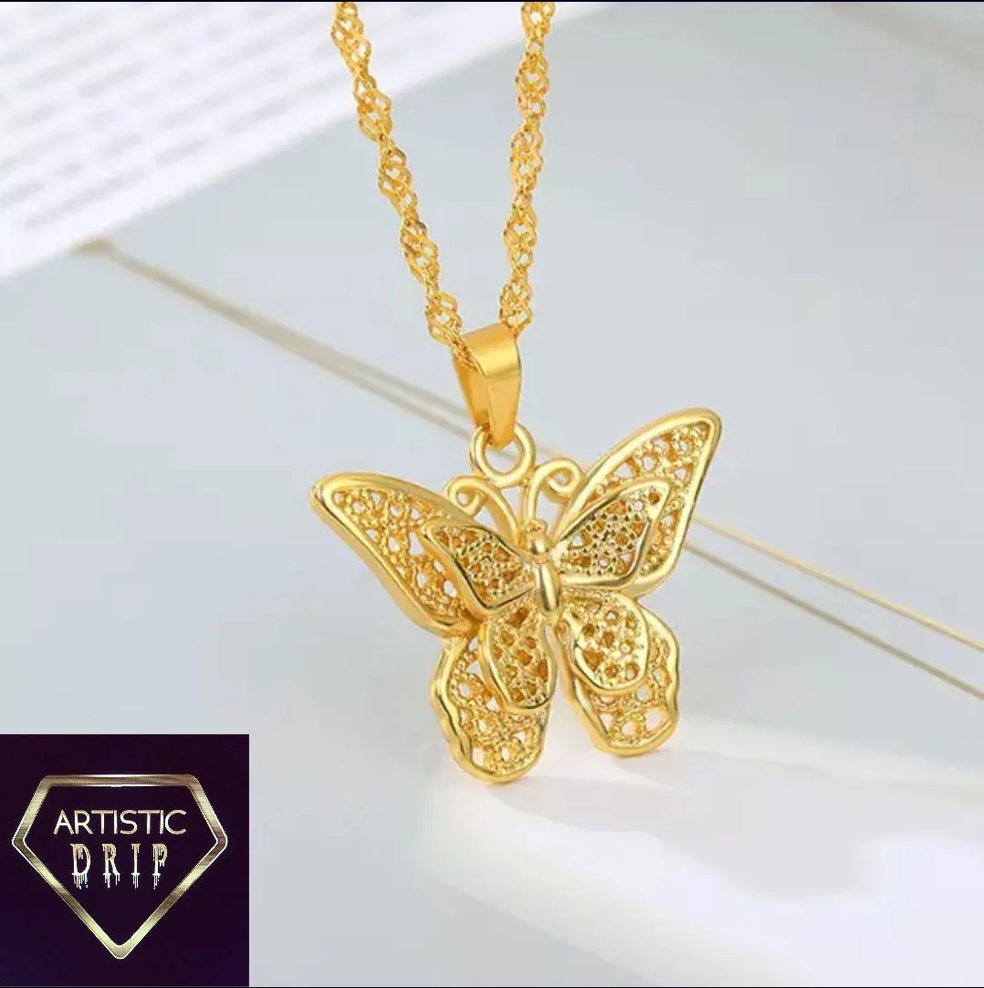 Gold Butterfly Pendant W/ Water Wave Chain