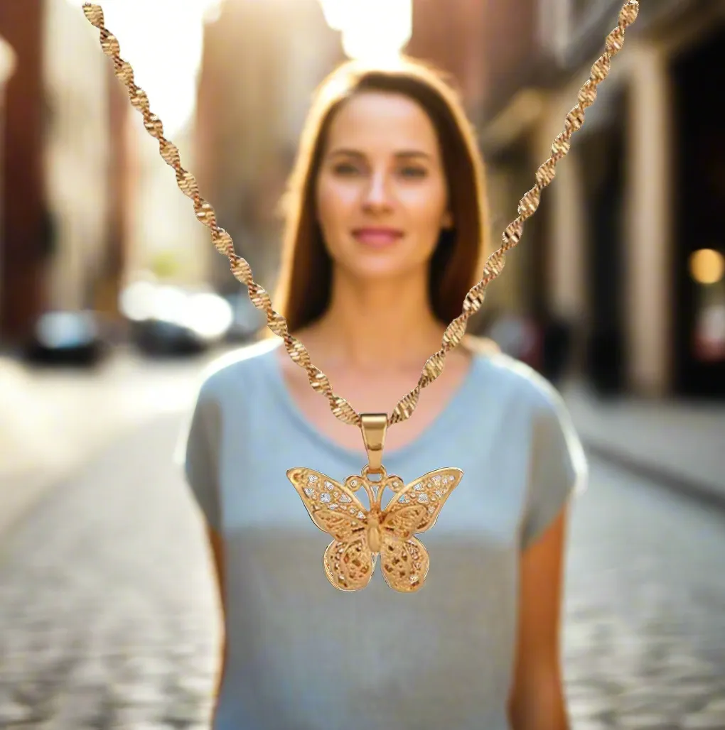 Gold Butterfly Pendant W/ Water Wave Chain