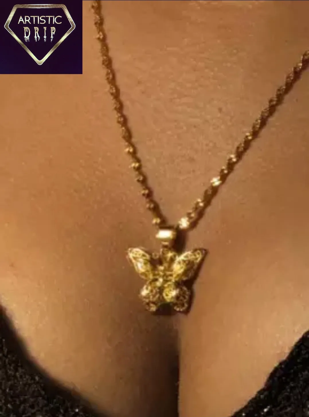 Gold Butterfly Pendant W/ Water Wave Chain