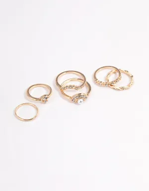 Gold Pearl & Diamante Nestled Ring 6-Pack