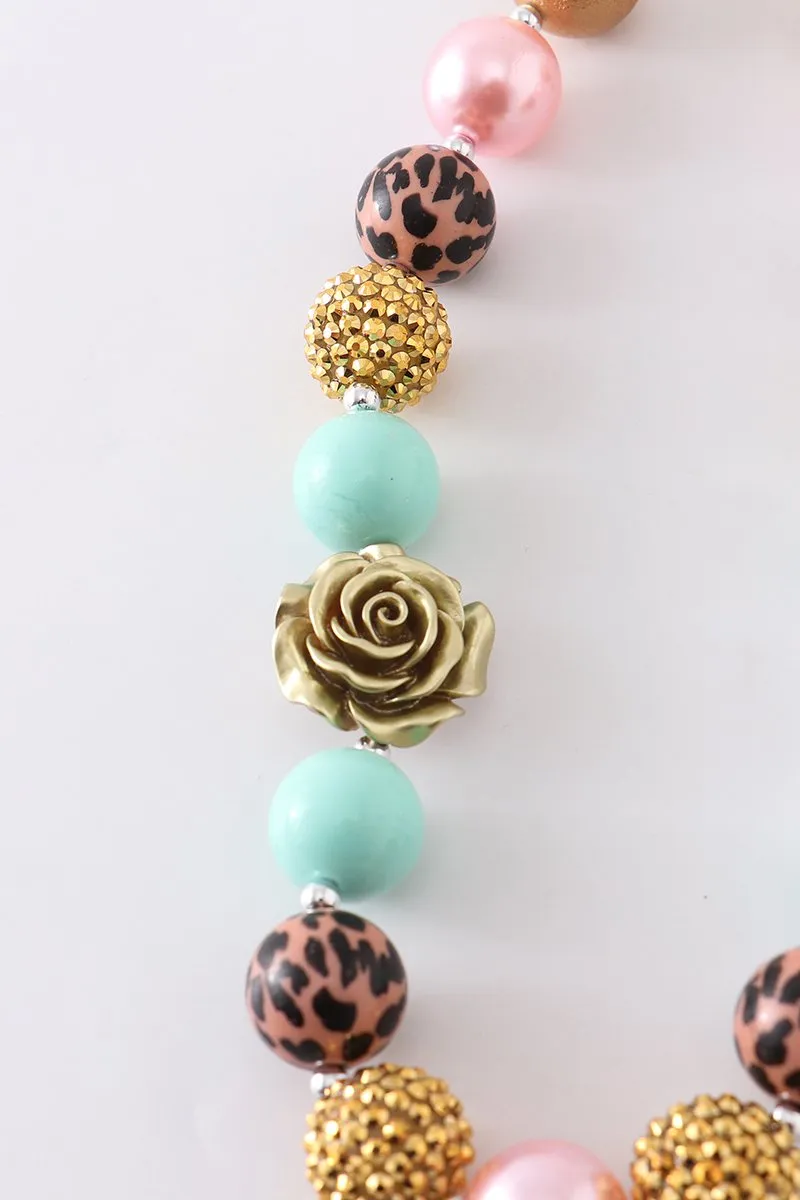 Gold, Pink, and Mint Chunky Beaded Leopard and Flower Necklace.