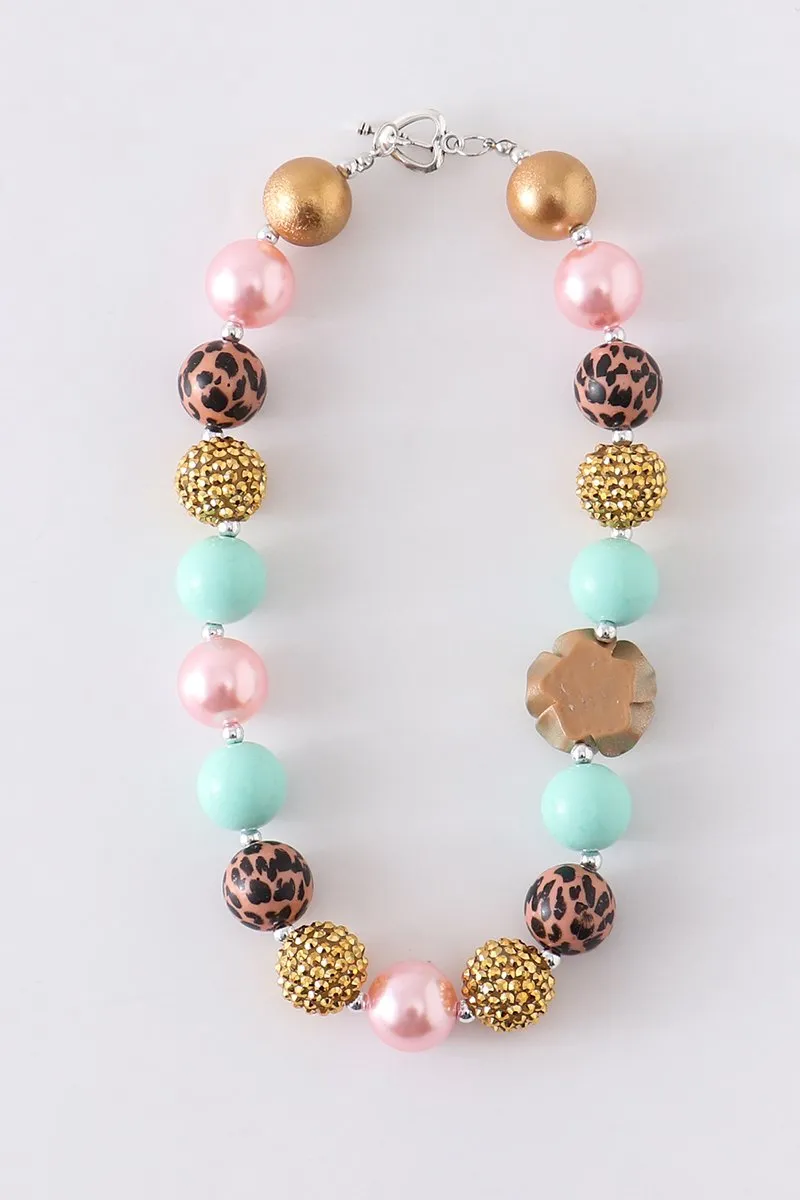 Gold, Pink, and Mint Chunky Beaded Leopard and Flower Necklace.