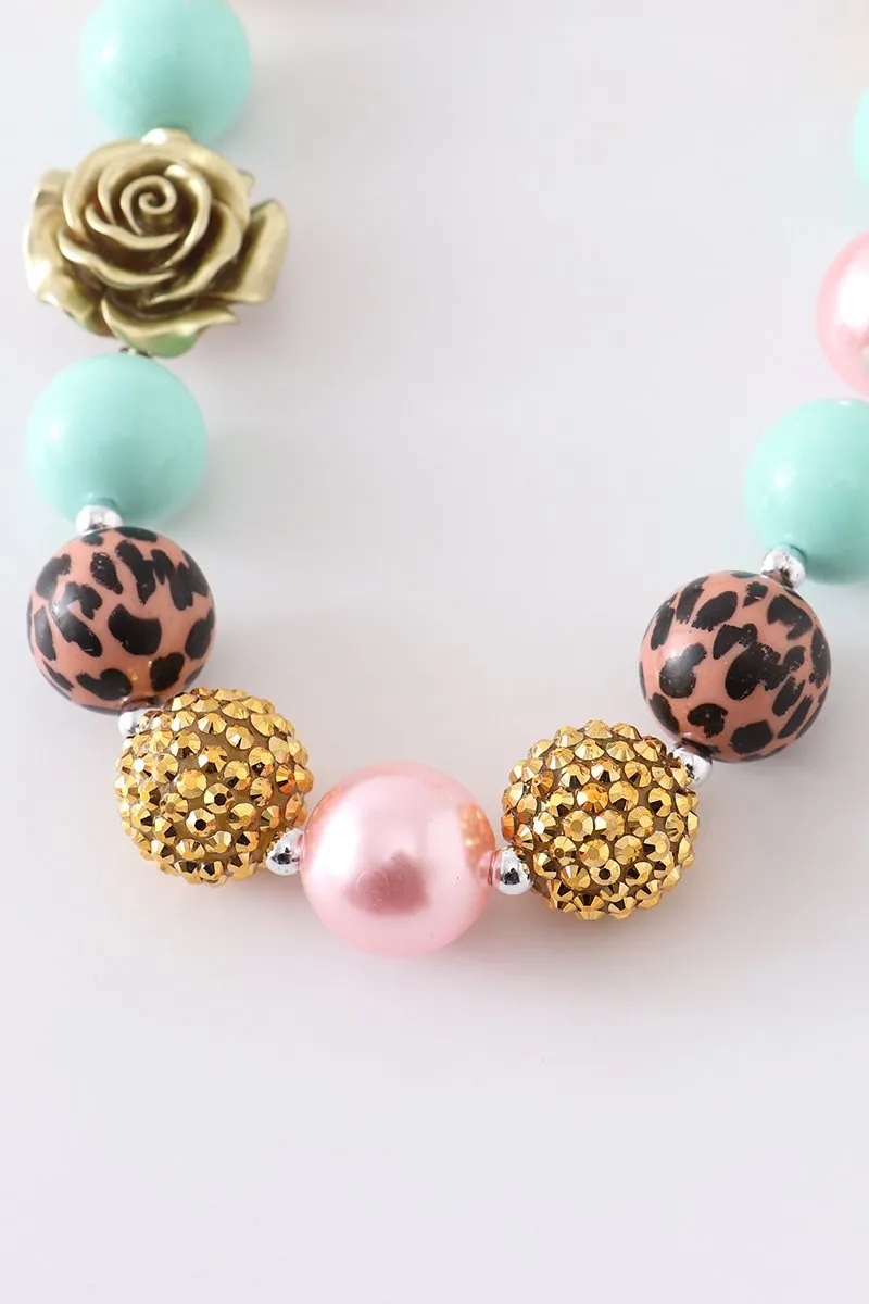 Gold, Pink, and Mint Chunky Beaded Leopard and Flower Necklace.