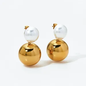 Gold Plated Stainless Steel Round Vintage Style Drop Earrings and Beaded Pearl Necklace