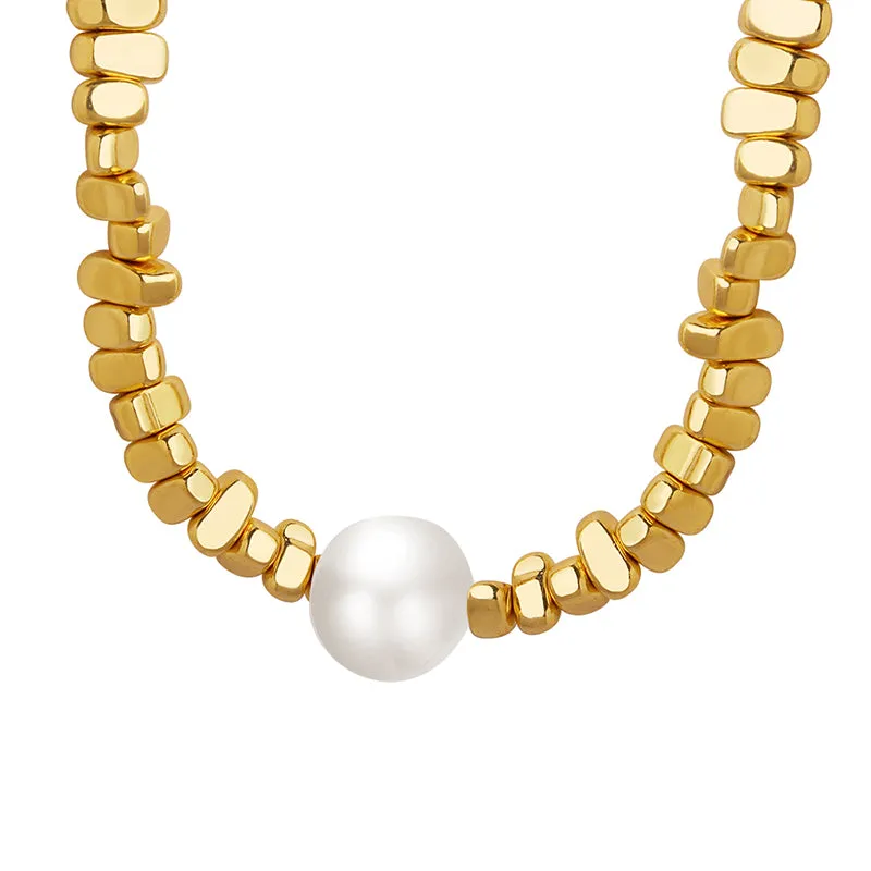 Gold Plated Stainless Steel Round Vintage Style Drop Earrings and Beaded Pearl Necklace