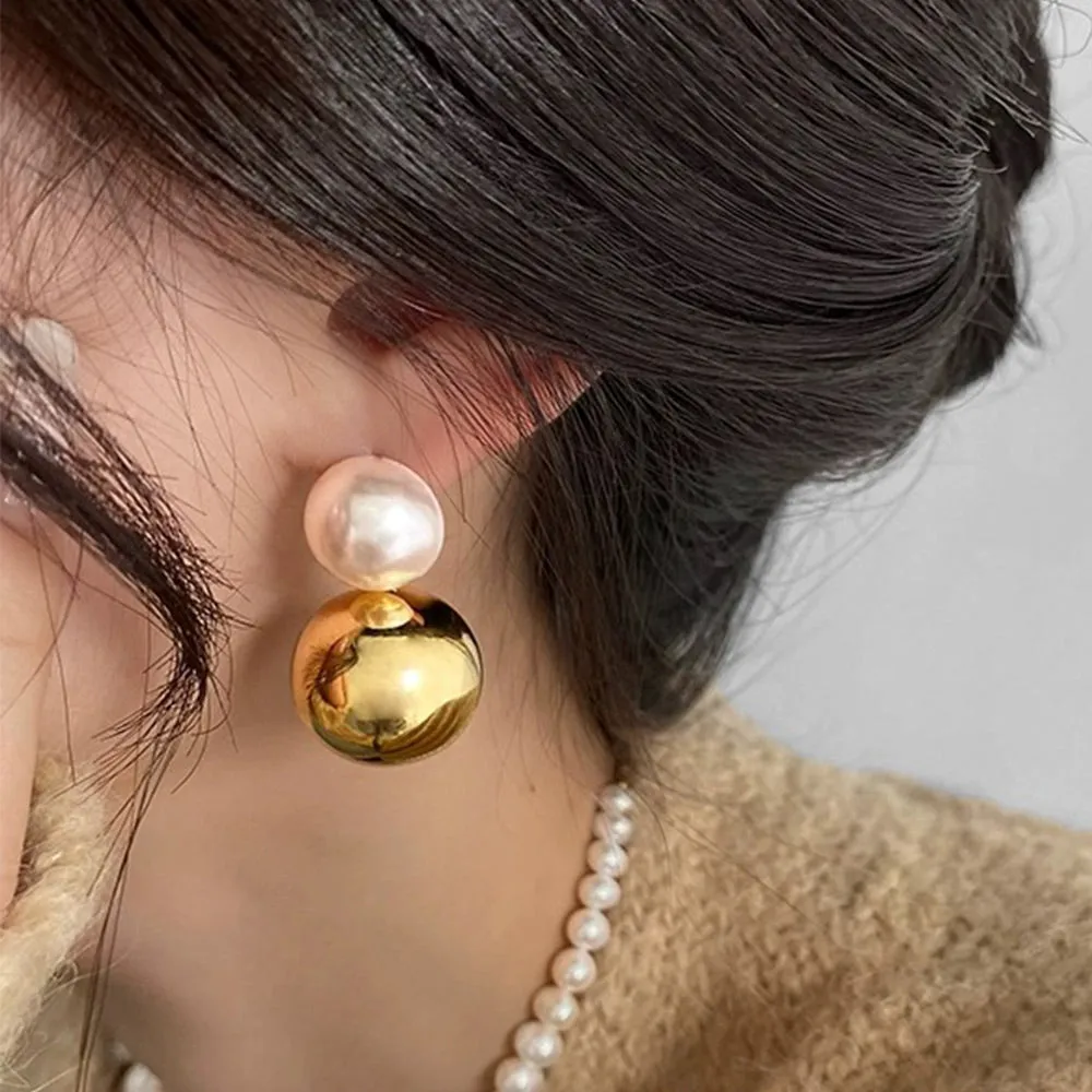 Gold Plated Stainless Steel Round Vintage Style Drop Earrings and Beaded Pearl Necklace