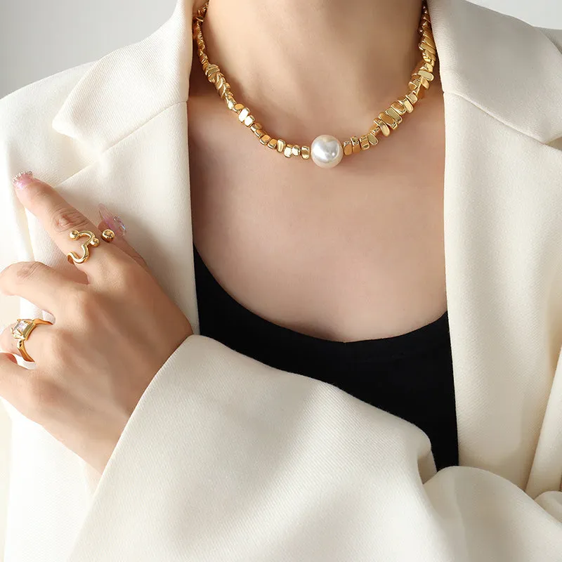 Gold Plated Stainless Steel Round Vintage Style Drop Earrings and Beaded Pearl Necklace