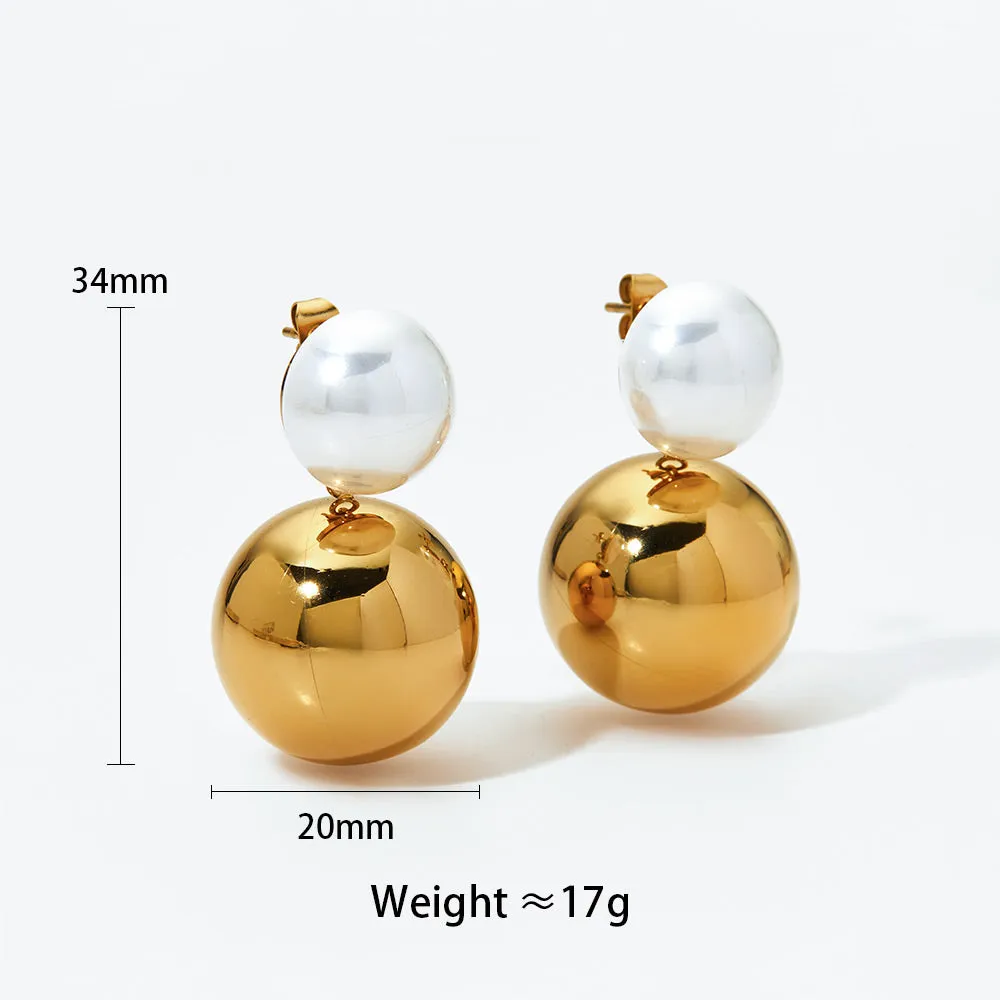 Gold Plated Stainless Steel Round Vintage Style Drop Earrings and Beaded Pearl Necklace