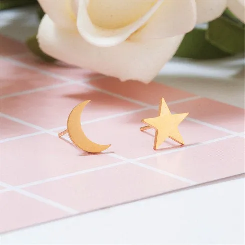 Gold Silver Star and Moon Earrings, Second Hole Earrings, Unisex Stud Earrings, Gold Studs, Crescent Moon Stud Earrings Minimalist Dainty