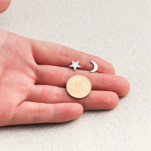 Gold Silver Star and Moon Earrings, Second Hole Earrings, Unisex Stud Earrings, Gold Studs, Crescent Moon Stud Earrings Minimalist Dainty
