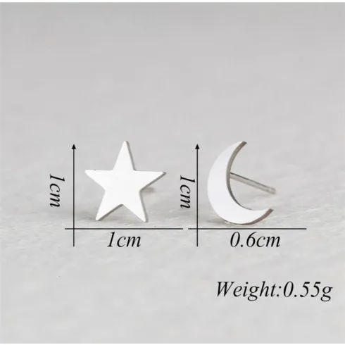 Gold Silver Star and Moon Earrings, Second Hole Earrings, Unisex Stud Earrings, Gold Studs, Crescent Moon Stud Earrings Minimalist Dainty