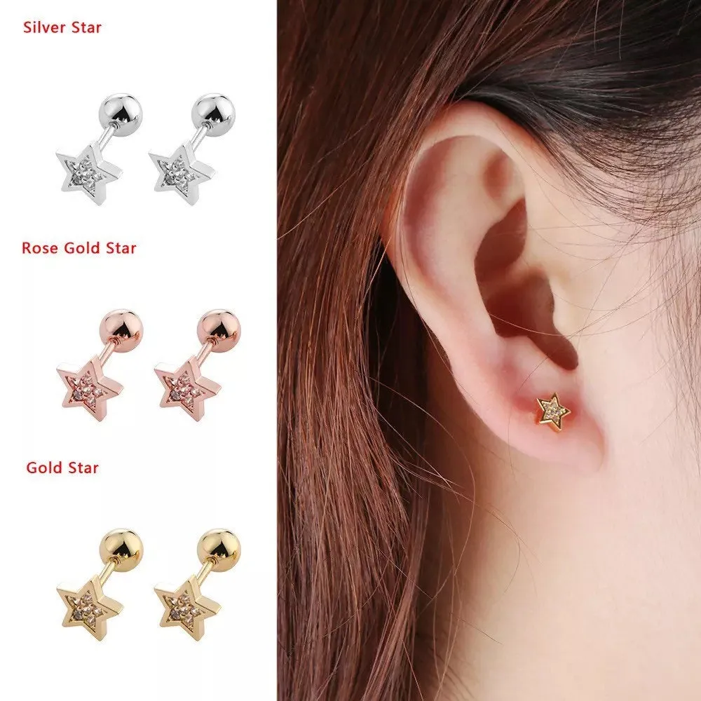 Gold Stud Earrings, Titanium, Minimalist Gold Star Crystal Screw Studs Pair