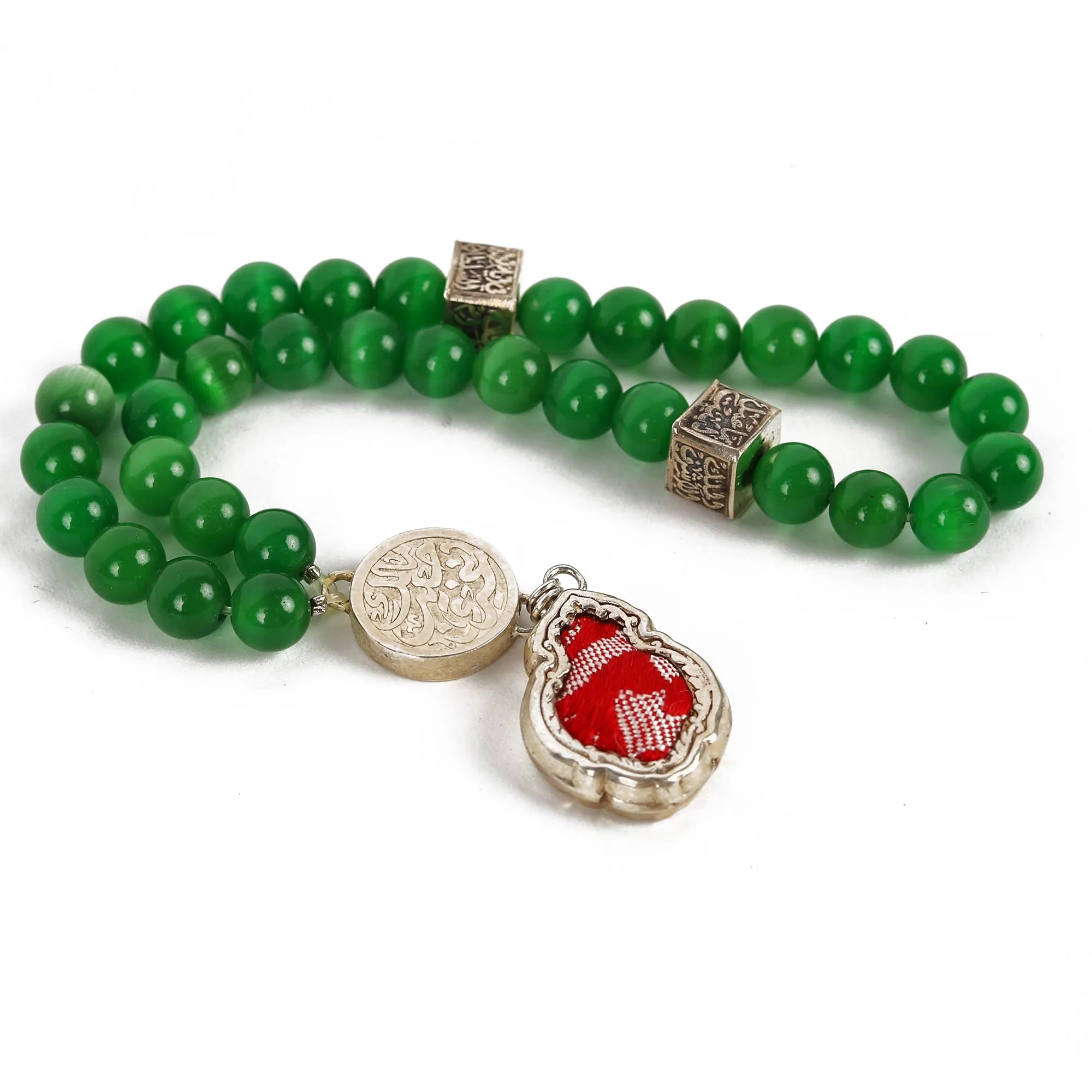 Green Cat Eye Rosary with Red Kiswah