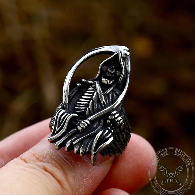 Grim Reaper Scythe Stainless Steel Skull Ring