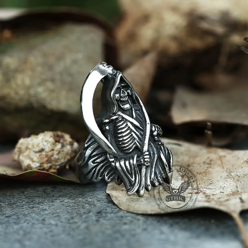 Grim Reaper Scythe Stainless Steel Skull Ring