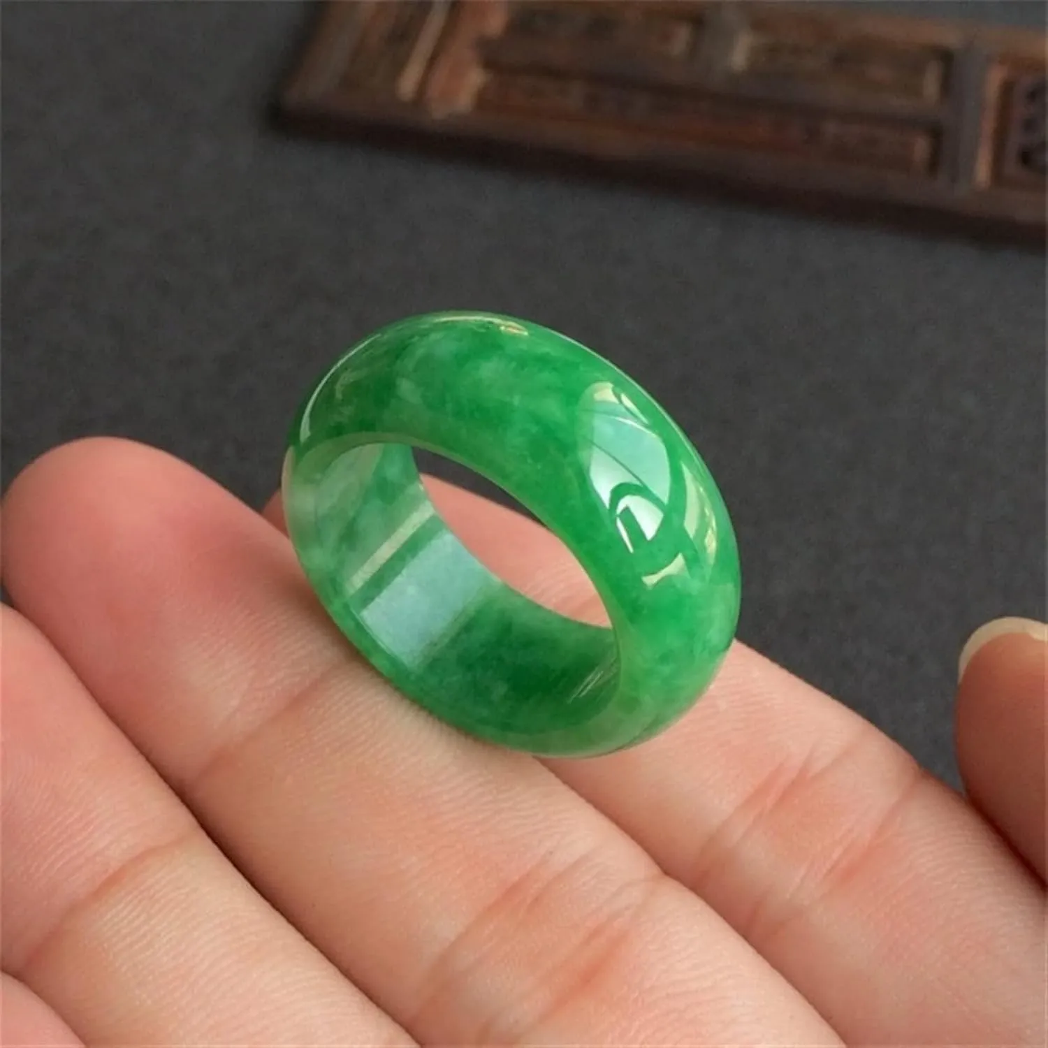 Hand-Carve Jade Ring Full Green Inner Diameter Fashion Accessories Men Women Luck Gifts Amulet (Ring Size : 8)