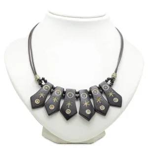 Handmade Dark Brown & Brown Retro Vintage Look Statement Bib Dangle Row Bone Chain Necklace For Women