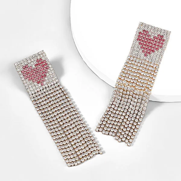 Heart Pattern Chic Rhinestone Tassel Earrings