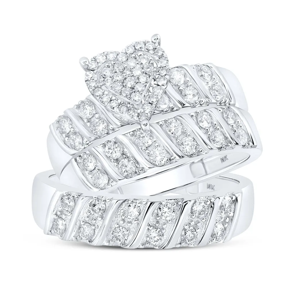 Heartfelt Love: 10kt White Gold His Hers Round Diamond Heart Matching Wedding Set