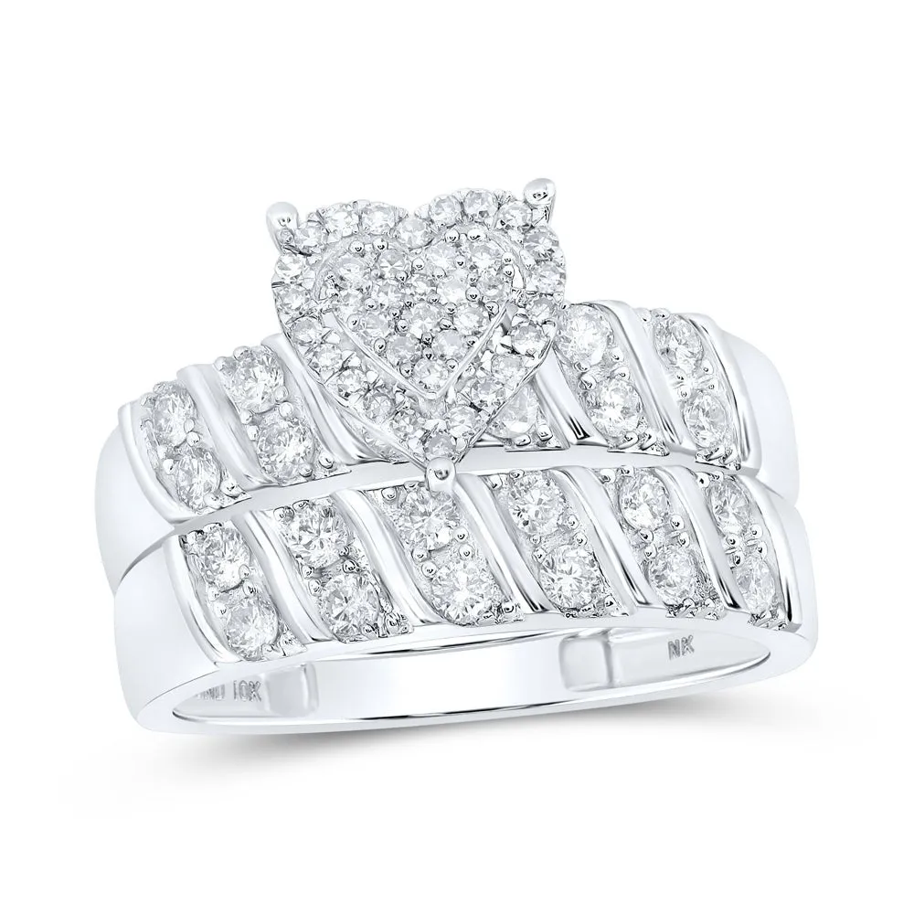 Heartfelt Love: 10kt White Gold His Hers Round Diamond Heart Matching Wedding Set