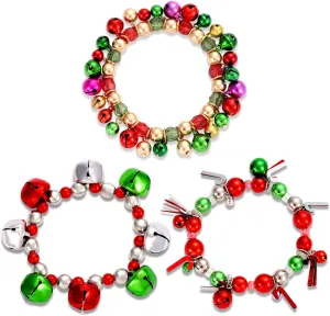 HEIDKRUEGER 3pcs Christmas Jingle Bell Bracelets Xmas Multi Color Beaded Charm Stretch Bracelet Christmas Holiday Party Favors for Women Jewelry Gift