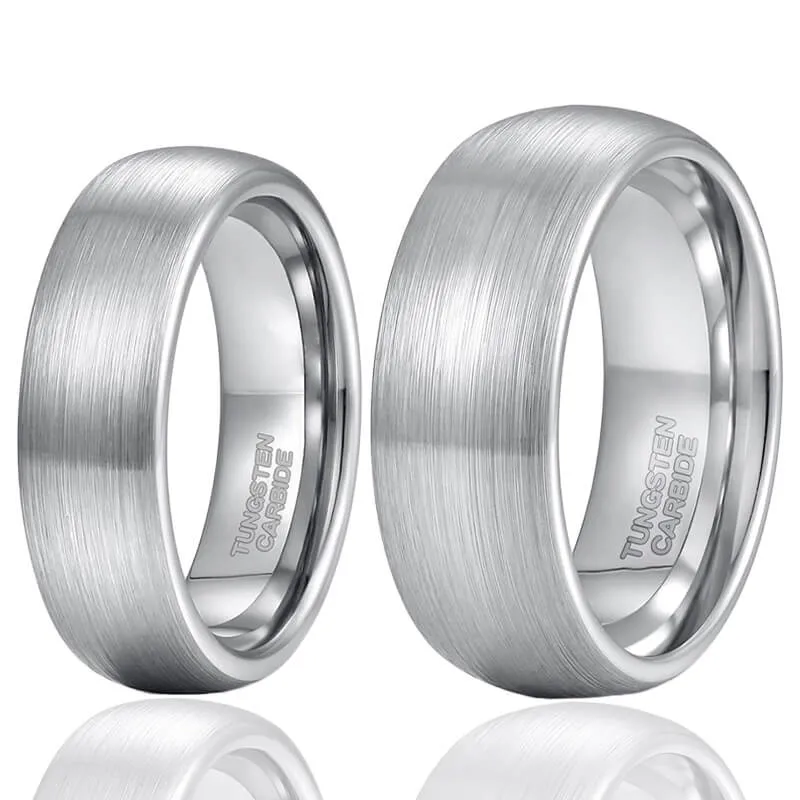His & Her 6mm/8mm Silver Brushed Domed Tungsten Carbide Wedding Ring Set