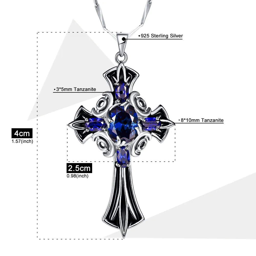 J.C  Medieval Style Tanzanite & 925 Sterling Silver Cross Pendant Necklace
